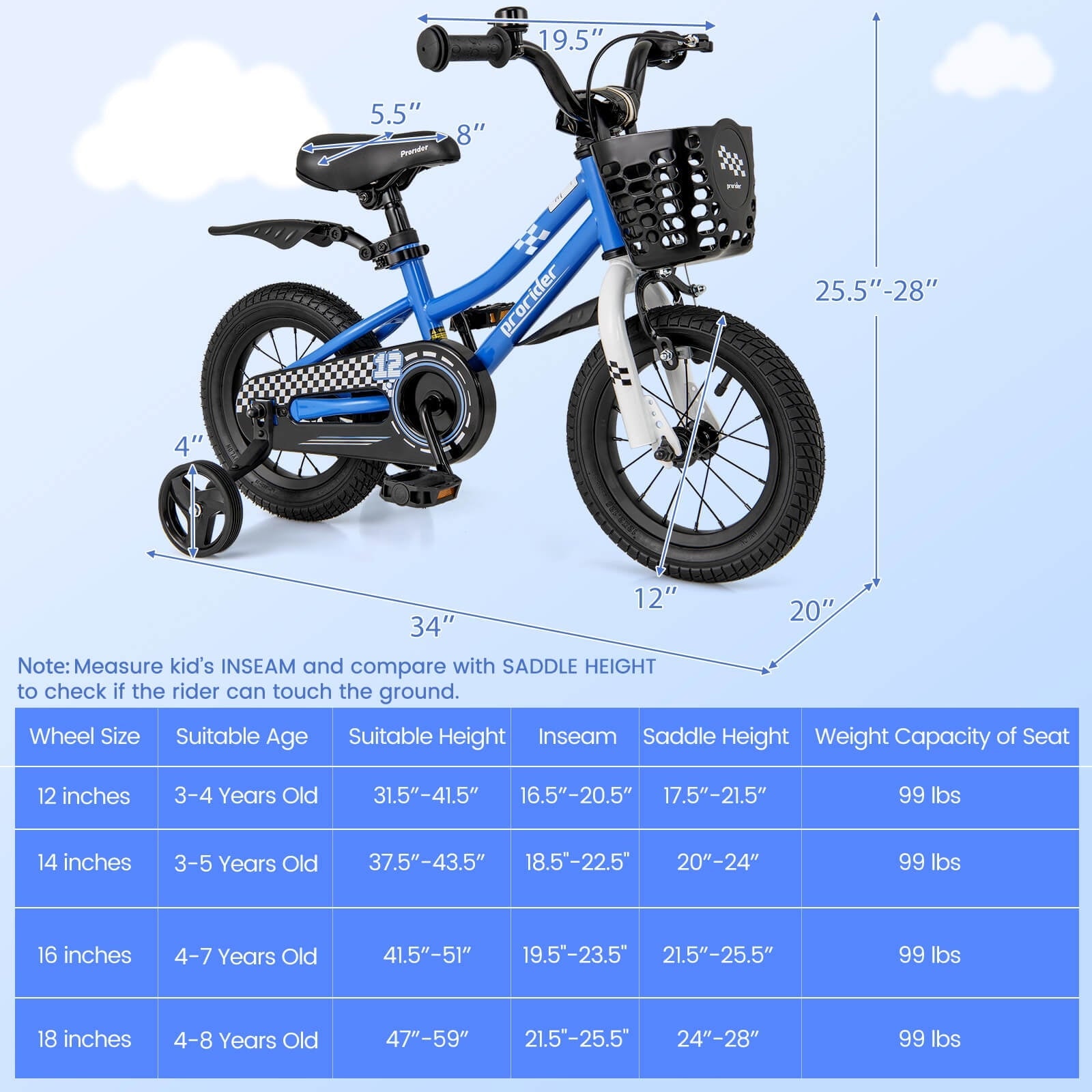 Costway 14'' Kid's Bike with Removable Training Wheels & Basket for 3-5 Years Old Blue