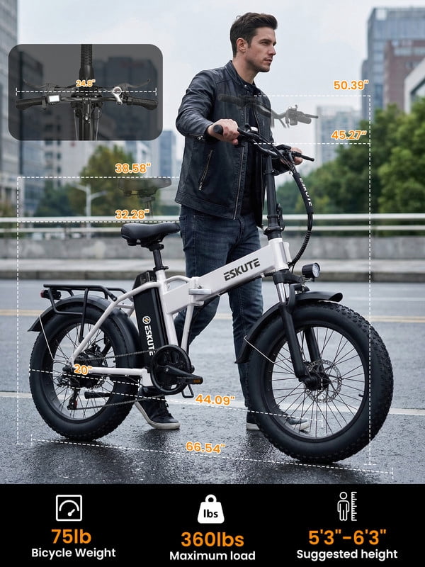 ESKUTE D300 Electric Bike for Adults, Folding Ebike with 1200W Peak Motor 28MPH, 48V 20.8Ah Removable Battery, 20x4.0 Fat Tires, 80 Miles 7-Speed Gear, NFC Unlock,Black, UL2849