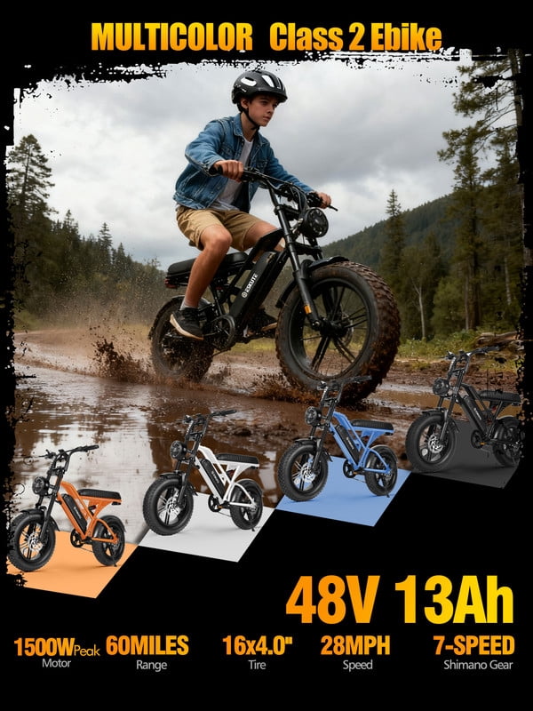 ESKUTE V100 Electric Bike for Teens Adults Students, 750W 28 Mph 48V 13 Ah,16x4.0 Fat Tire E Bicycle, 7-Speed Dual Suspension Mountain EBike Black, UL2849