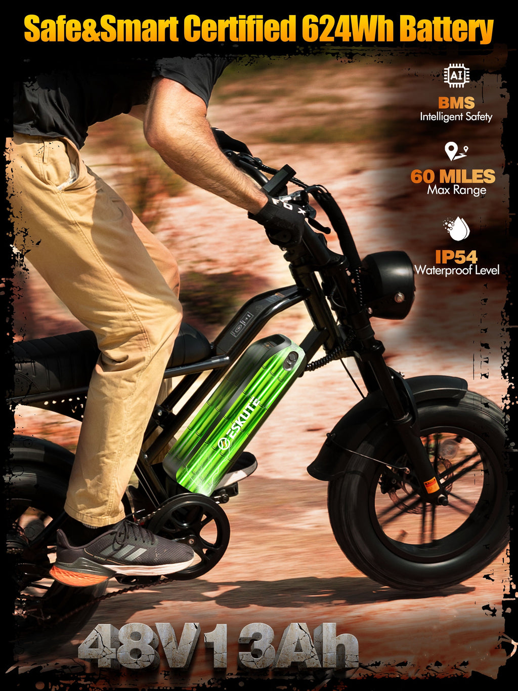 ESKUTE V100 Electric Bike for Teens Adults, 750W Peak 1500W 28 Mph 48V 13 Ah,16x4.0 Fat Tire E Bicycle, 7-Speed E-Bike with Dual Suspension, UL2849
