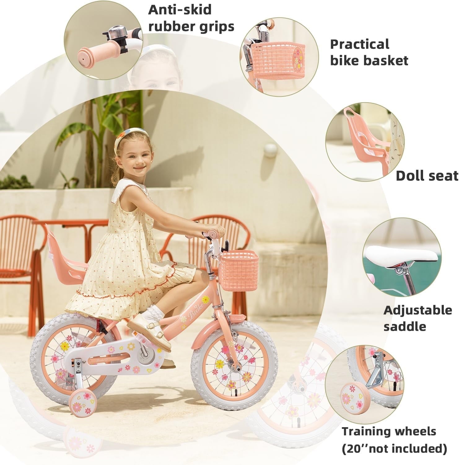 ACEGER 14 Inch Girls Bike with Basket, Training Wheels, Doll Seat, Purple Kids Bicycle for Ages 3-5