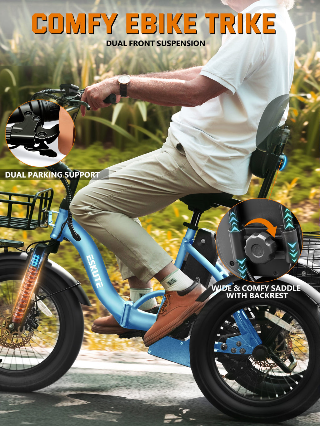 ESKUTE Electric Tricycle for Adults, 1200W Peak Motor, Up to 55 Miles Range, 624Wh Removable Battery, Folding 3-Wheel Ebike with 18x3.0 Fat Tires, Step-Through Red, UL2849
