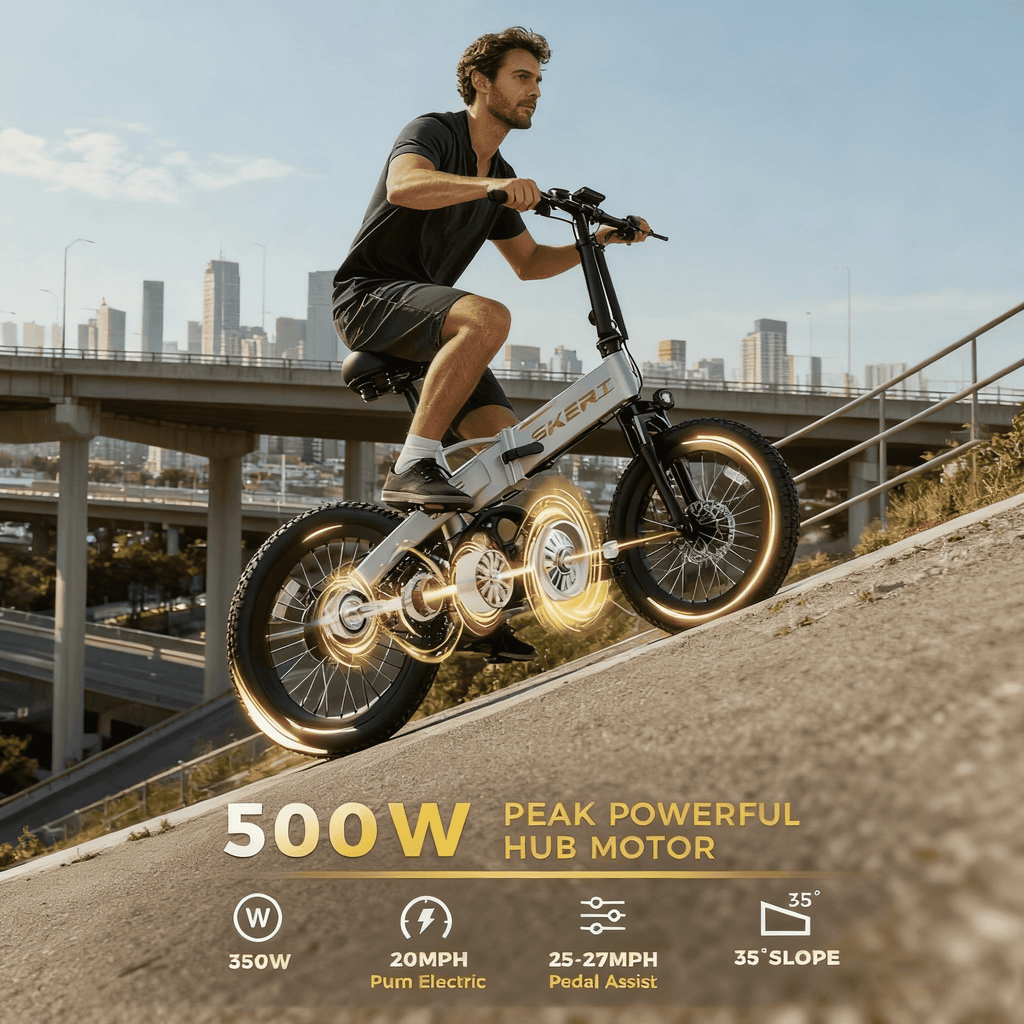 Skeri 20 Folding Electric Bicycle for Adults - 27MPH Max (Pedal-Assist), City Commuting, 48V Battery, 500W Peak, Aluminum Alloy Frame 49LBS, Adjustable Seat with LCD Display