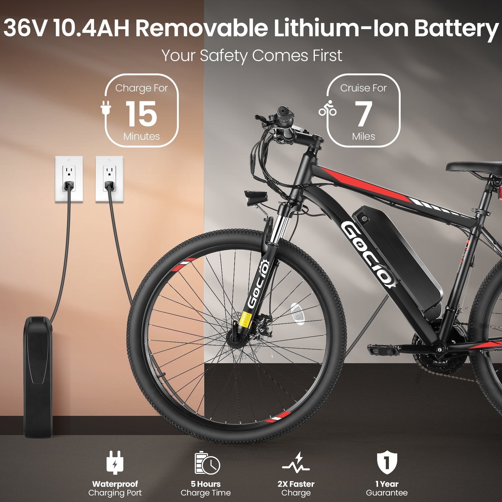 Gocio 26 Electric Bike, 350W Electric Bike for Adults 19.8MPH Electric Mountain Bike, LCD, Lockable Suspension Fork, 374.4Wh 36V Battery UL2849 Certified, 21-Speed E-Bikes Adult Electric Bicycle