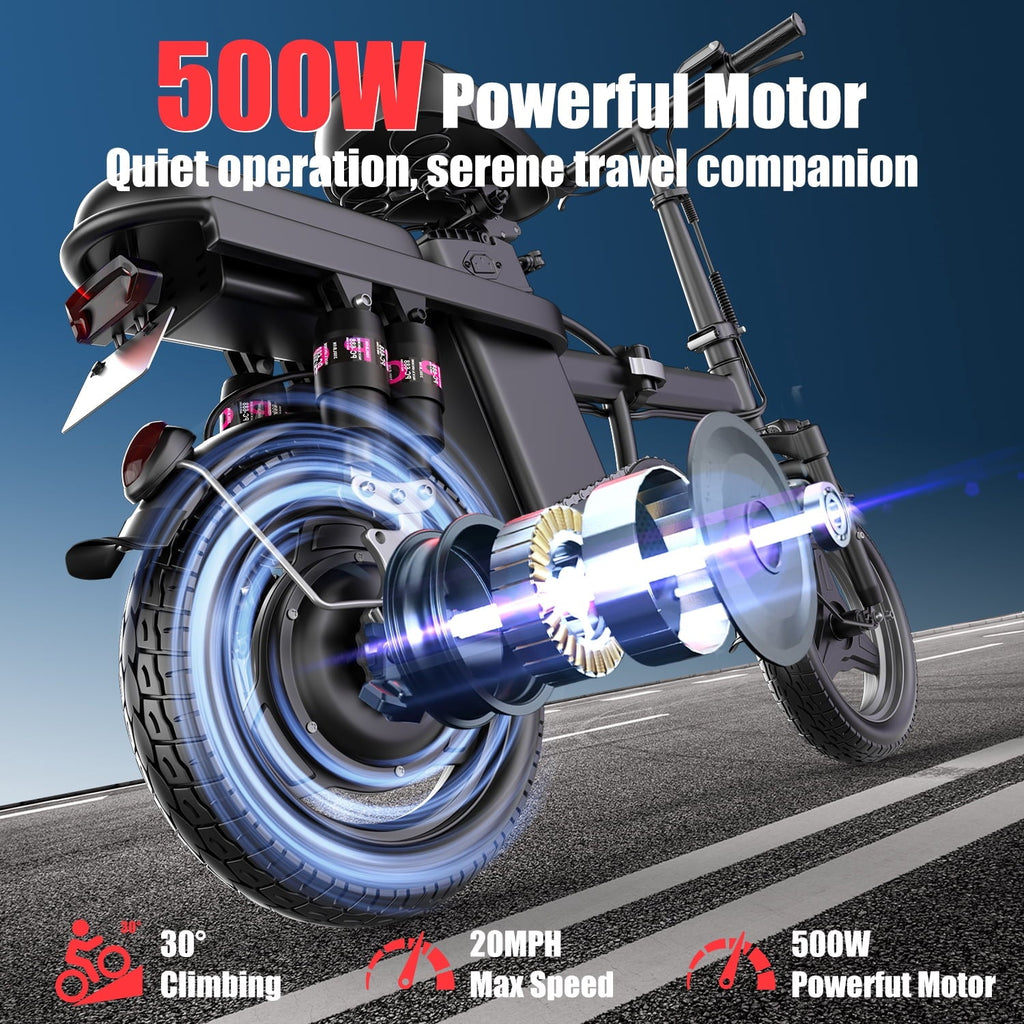 Electric Bike for Adults,  Electric Bicycle with 48V Removable Battery,14 Folding Ebike, 20MPH,30+ Miles(MAX),500W High Motor,Multi-Shock Absorption,UL 2849,Commuting Mini E Bikes