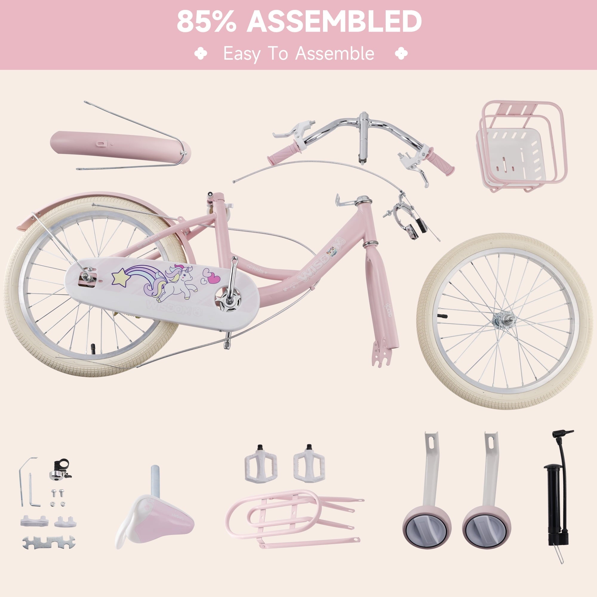 16/18 Inch Bike Kids Bicycle with Basket, Girls Bikes Ages 5-10, Kids Bicycles with Front and Rear Brakes, Kid Bike with Training Wheels, Kickstand, Rear Seat