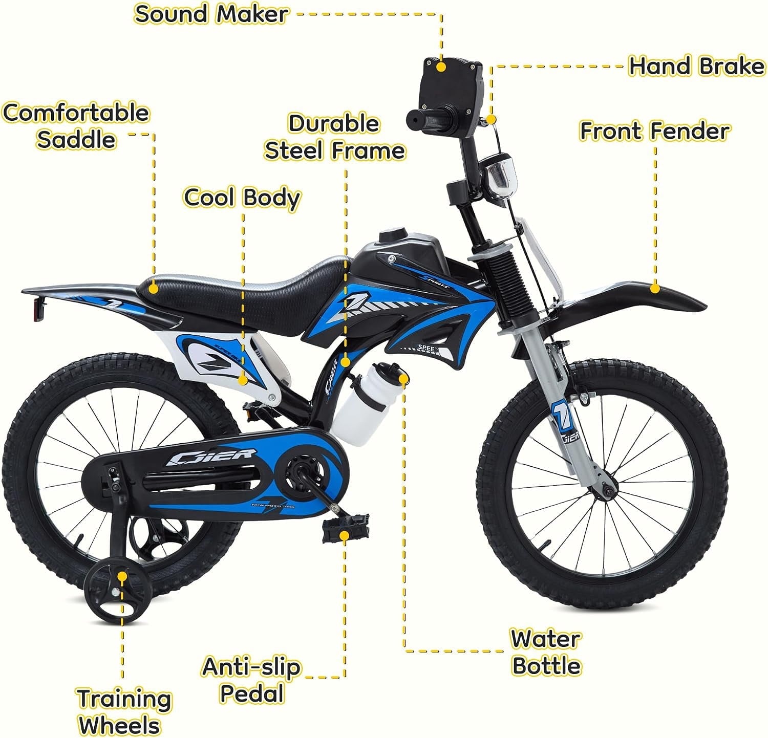 NEORIVER 12 Inch Motocross Style Kids Bike – Training Wheels, Sound Horn, Number Plate & Dashboard Included – Easy Assembly – Ages 3-12 Boys Girls