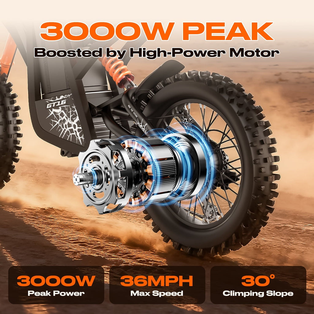 Electric Dirt Bike, 3000W Peak Motor, 35MPH Electric Motorcycle,48V/25AH Battery E Mountain bike, 5 PAS Speeds, Hydraulic Brakes, UL2849 Full Suspension 16 Off Road Tire