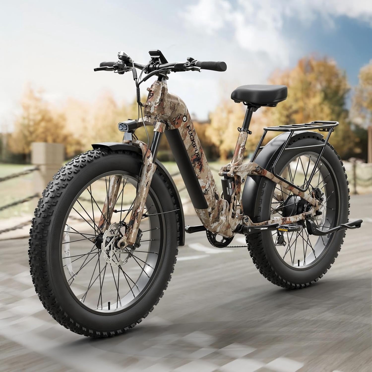 PUCKIPUPPY Electric Bikes for Adults 26 Step-Thru Ebikes 960W Peak Motor 80Miles Range 28mph Max Speed 48V 20AH Battery Full Suspension Fat Tire Mountain E Bike 7 Speed, Comply with UL2849 By SGS