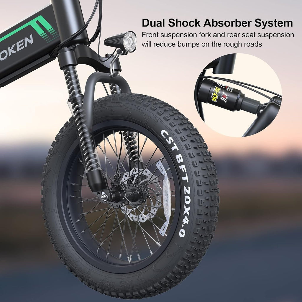 Wooken 20X4.0 Fat Tire Electric Bike for Adults, 500W Foldable Electric Bicycle with 48V 10Ah Built-in Battery, Shimano 7 Speed, Dual Shock Absorber