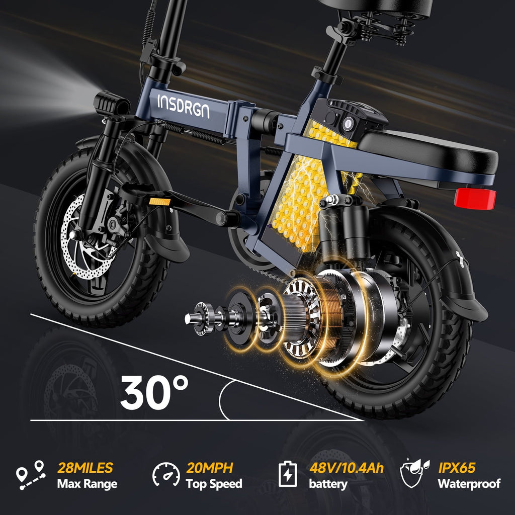 INSDRGN Folding Electric Bike for Adults Teens, 650W Peak Motor, 10.4AH 48V Battery 14 Electric Bicycles, 28 Miles Range, Mini Ebike for City Commuter, UL2849, Gray