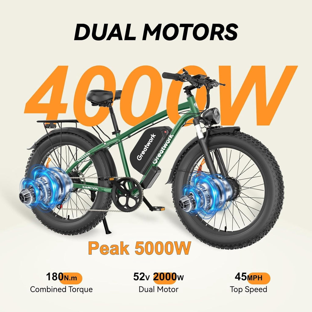 26 Electric Bike for Adult,5000w Dual Motors,up 100 Miles 52V 25Ah Ebike,26 x 4.0 Fat Tire Adult Bicycles for All Terrain,Mountain Commuter UL2849