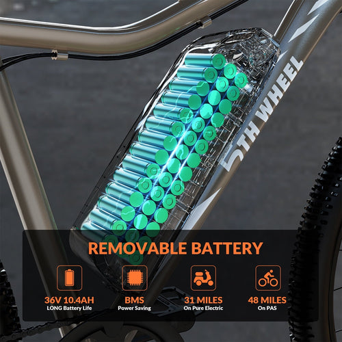 5TH WHEEL WLB17 26 Electric Bike for Adult, 500W Peak Electric Bike with 36V 10.4Ah Removable Battery, Electric Bicycle with 7 Speed, UL2849