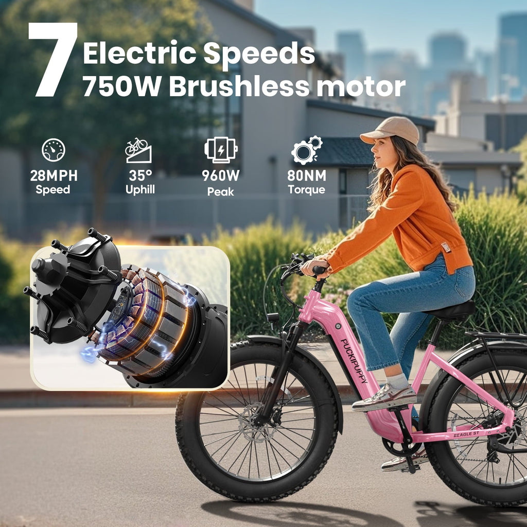 PUCKIPUPPY 960W Peak Electric Bike for Adults Step Through E-Bike 28mph Max Speed 60Miles Range 26 Fat Tire Electric Mountain Bike 48V 15AH Battery 7 Speed off-Road Ebike, Comply with UL2849 By SGS