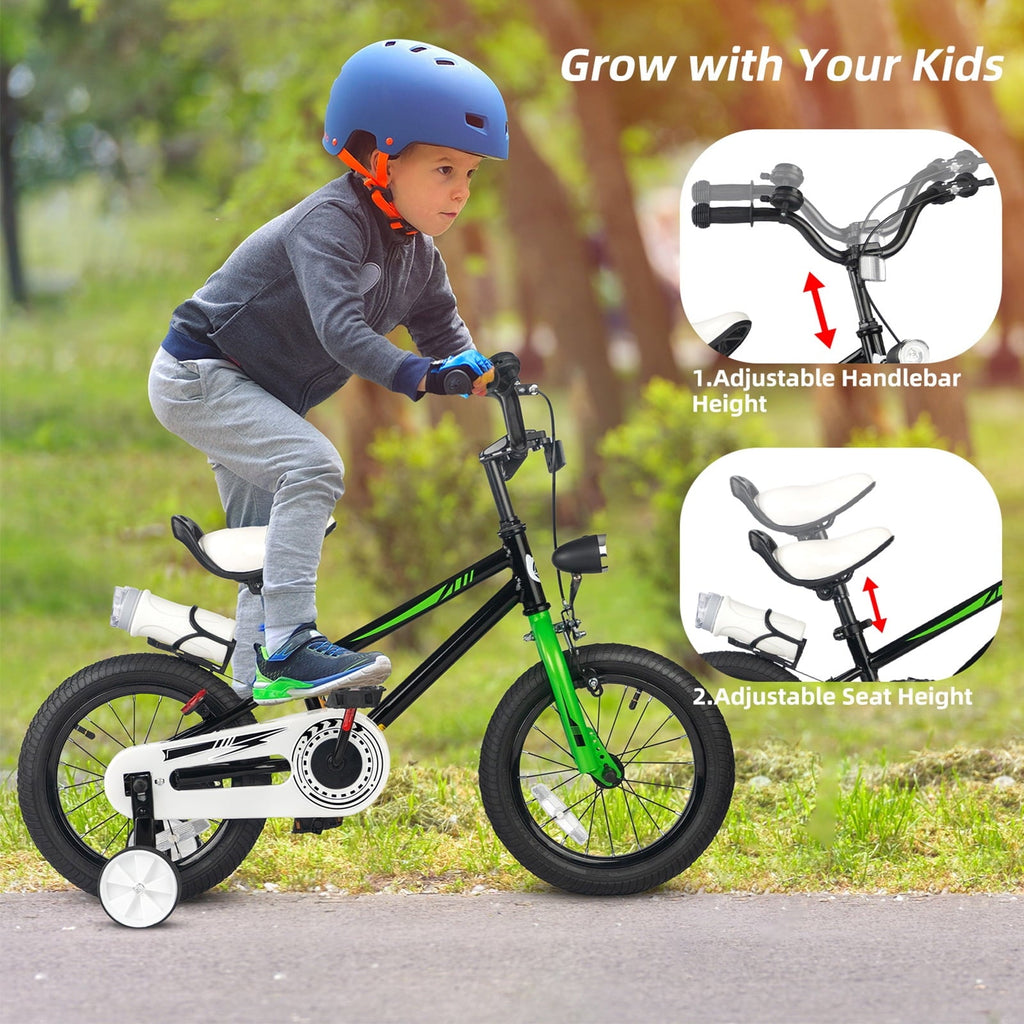 GLAF 12 14 16 Inch Boys Bike with Training Wheels & Water Bottle Holder, for Kids Ages 2-7 Years, Durable Construction, Green