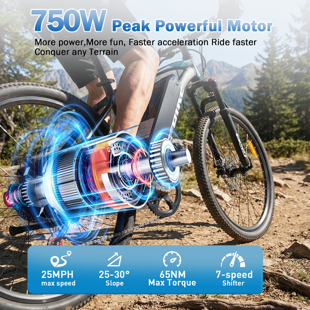 XKJ Electric Bike for Adults, 26”Electric Mountain Bike 576Wh Internal Battery & LCD Display,750W (Peak) Motor,7-Speed, Lightweight Ebike for Teens,40 Miles, Full Suspension,UL2849