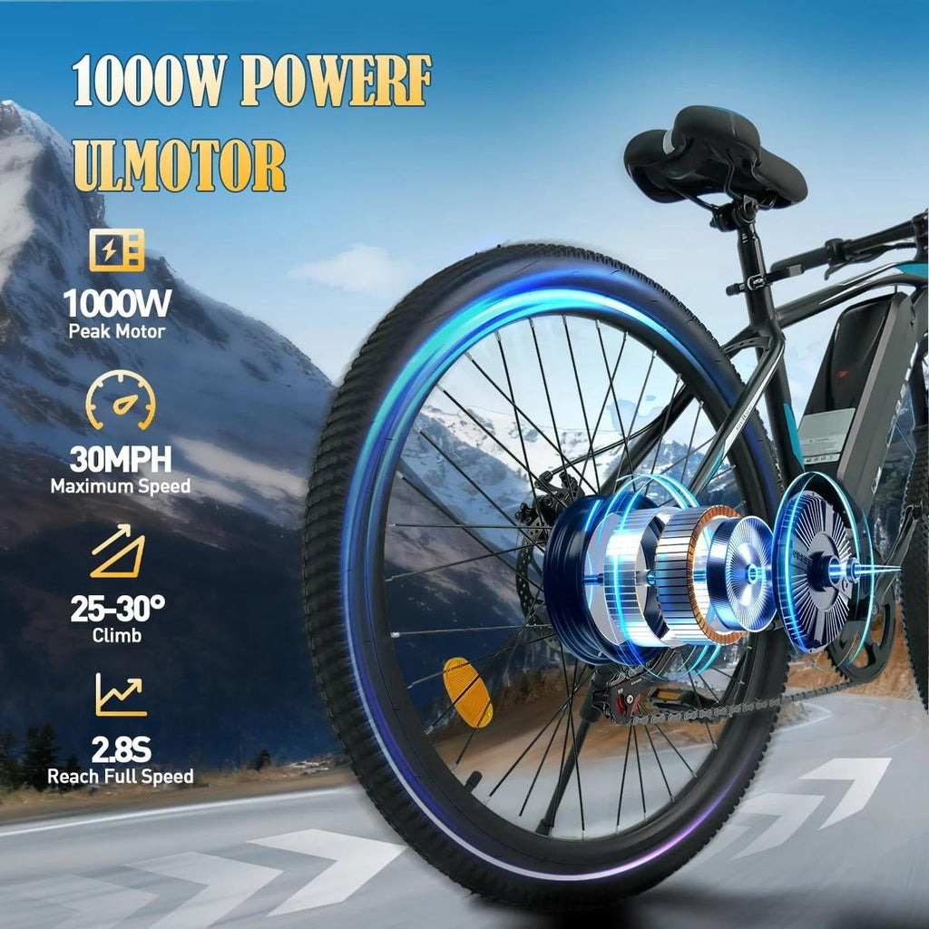 Electric Bicycle for Adults, 750W Peak 1000W Motor E Mountain Bike, 26in 45Miles 25MPH 7 Speed Commuting ebike with 432Wh, UL 2849