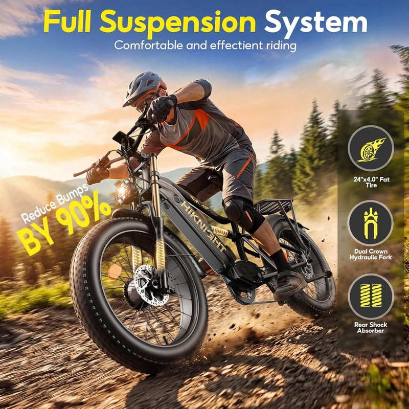 HiKNiGHT 4000W Dual Motor Electric Bike for Adults, 52V 20Ah Battery, 40 MPH & 90 Miles Range, 24 x 4.0 Fat Tire E-Bike, Dual Hydraulic Brakes, Full Suspension, H6 Pro (Black White) with Bag