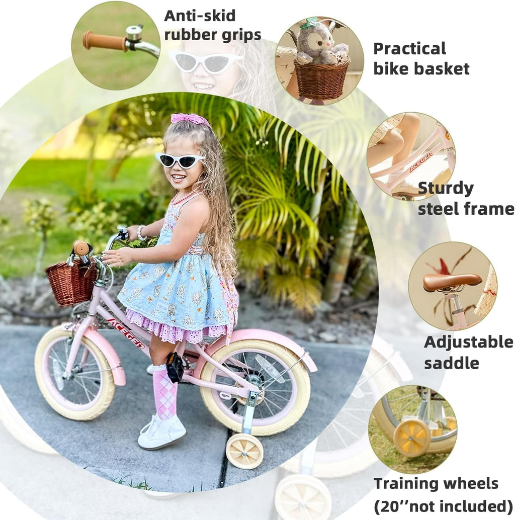 ACEGER 16 Inch Girls Bike with Basket, Purple, Training Wheels, Ages 4-8