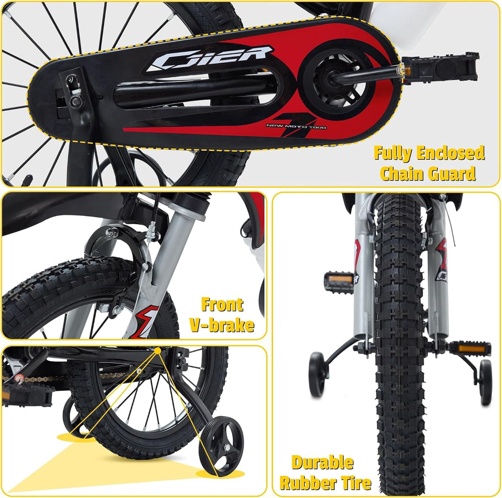 NEORIVER 16 Inch Motocross Style Kids Bike – Training Wheels, Sound Horn, Number Plate & Dashboard Included – Easy Assembly – Ages 3-12 Boys Girls