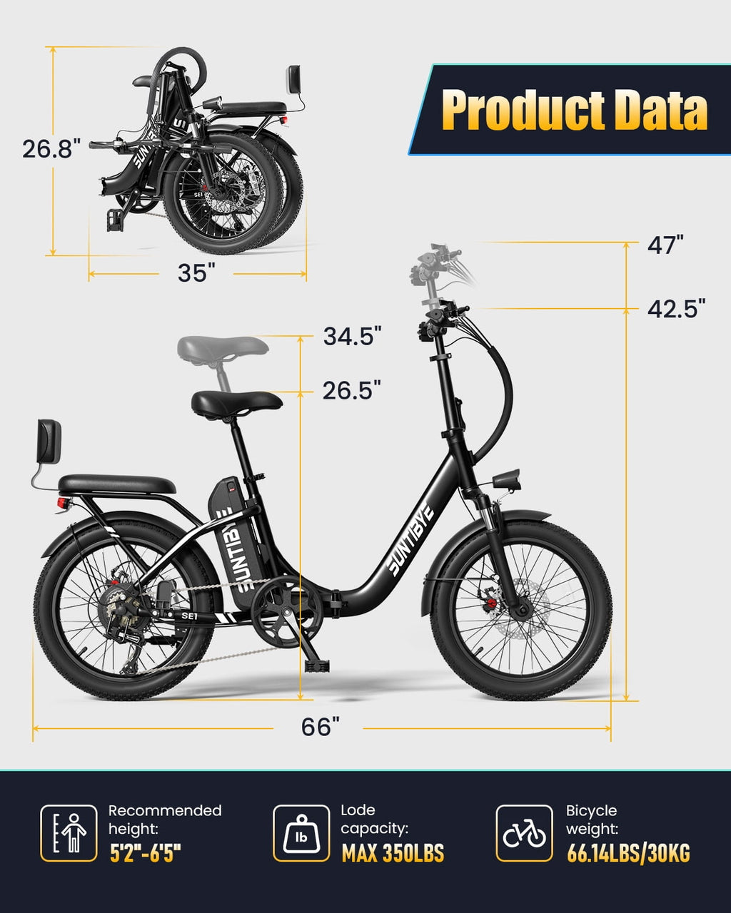SUNTIBYE SE1 Folding Electric Bike for Adults, 1000W Motor, 28MPH, 48V 15Ah Battery, 20 Fat Tire E-Mountain Bike, UL2849, Black