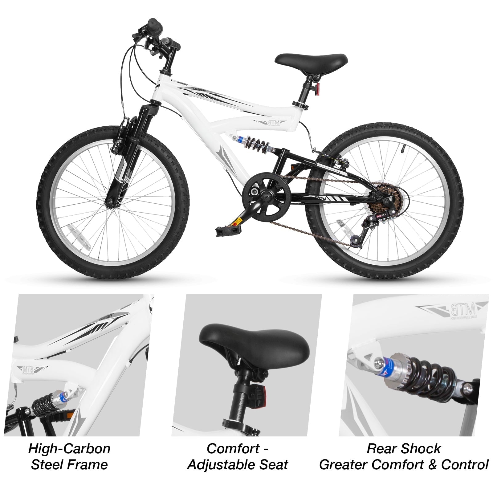 Hykolity Kids Mountain Bike 20 inch MTB Bicycle Age 6-12 Years Height 42-56 in Tween Cycling Full Suspension Sport Outdoor Bikes - Matte Black