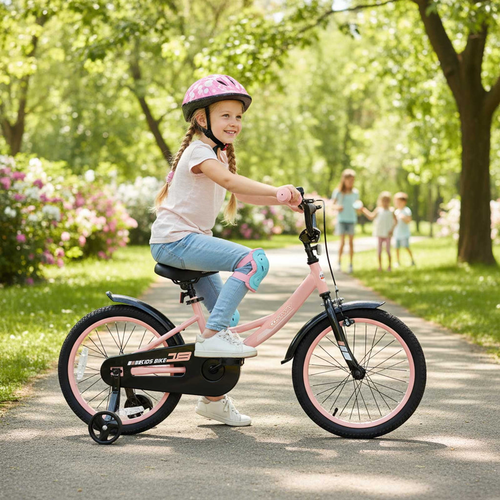 Costway 18 Inch Kids Bike with Training Wheels, Dual Brakes, Adjustable Seat & Handlebar Height Pink