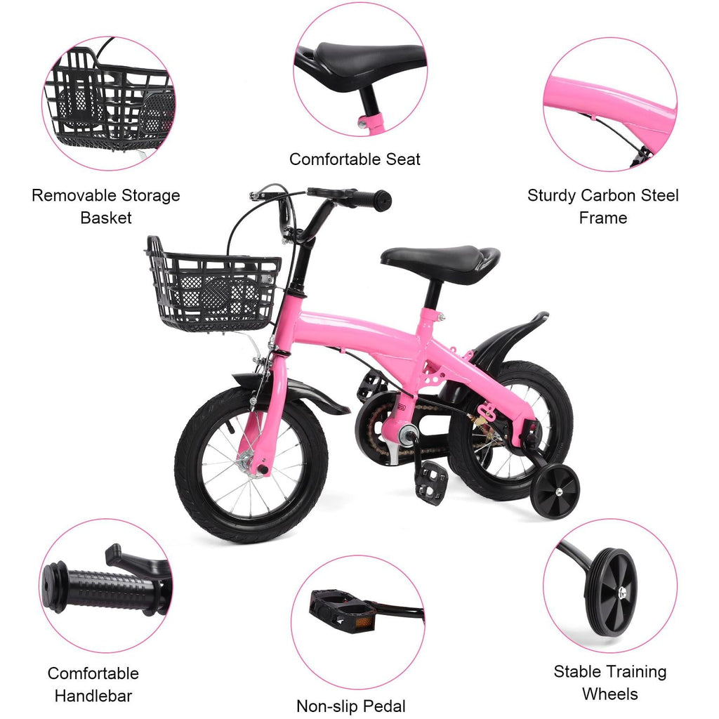 12 inch Kids Bike with Training Wheels, Children Bike with Adjustable Handlebar, Kids Bicycle for Boys Girls Toddlers Age 3-5, 2-in-1 Red Toddler Bike
