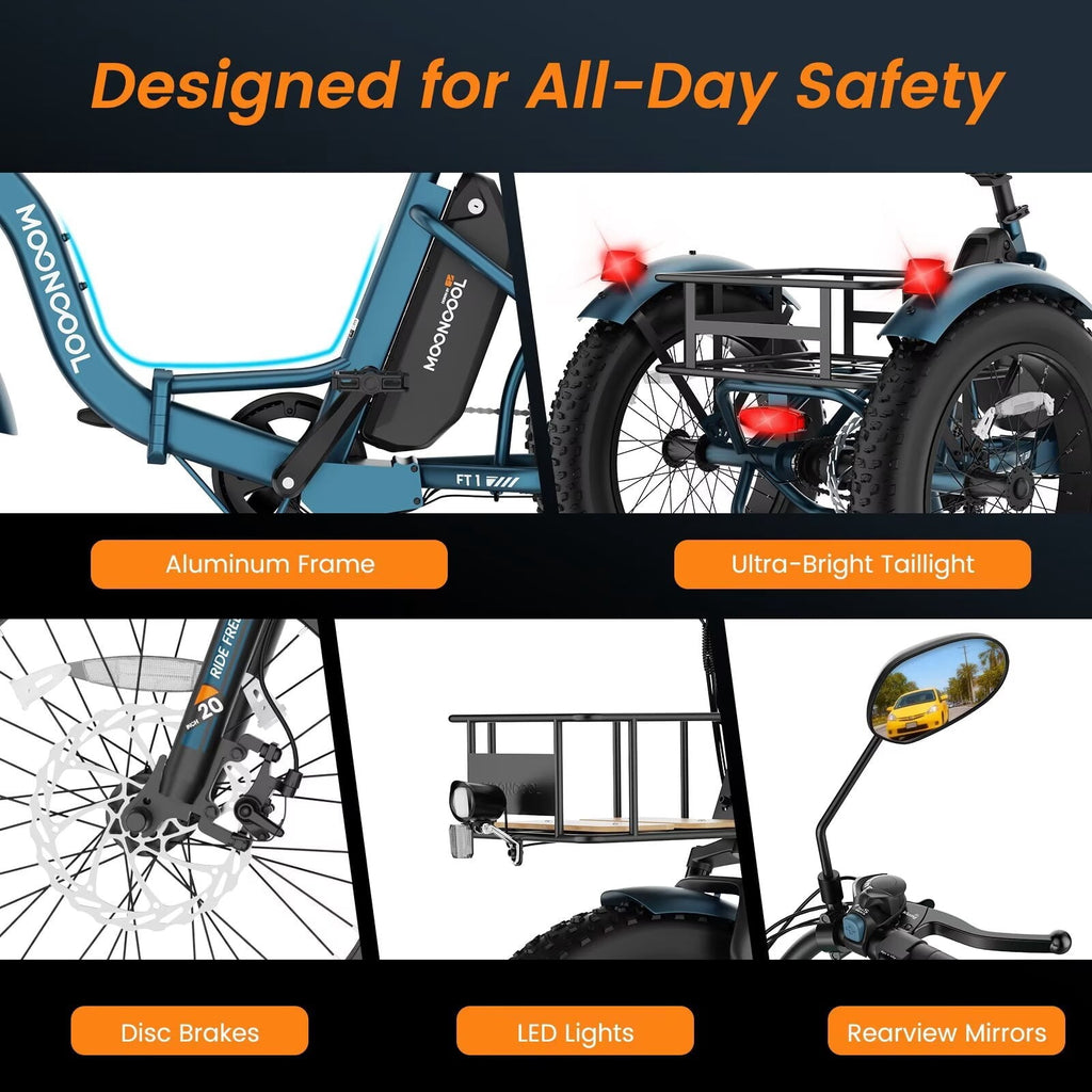 MOONCOOL Folding Electric Tricycle for Adults, 20 x 4 Fat Tire Electric Trike, 48V Peak 1092W  Electric Bicycle, 3 Wheels 7 Speed Ebike w/ 14.5Ah Removable Battery& Speed Differential Mechanism