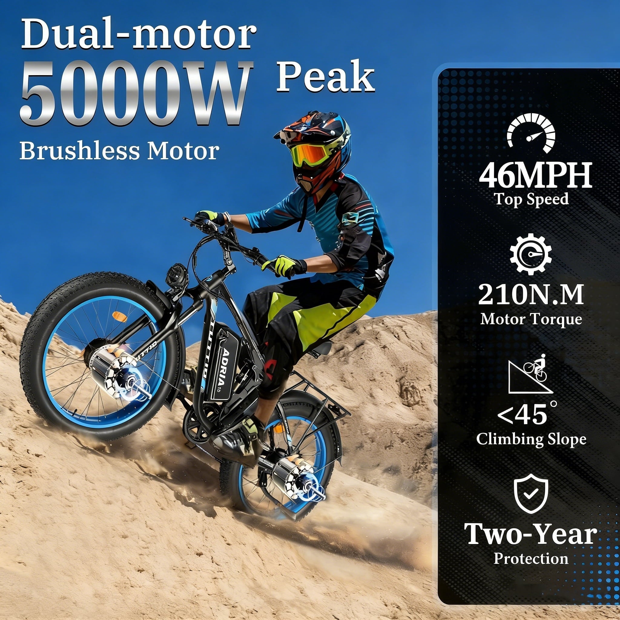 TUTTIO 5000W Dual Motor Electric Bike for Adults Max 46mph, 26x4in Fat Tire All Terrain E-Mountain Bike, 52V 25Ah Full Suspension E Bike, 7-Speed Gear Electric Bicycle UL2849
