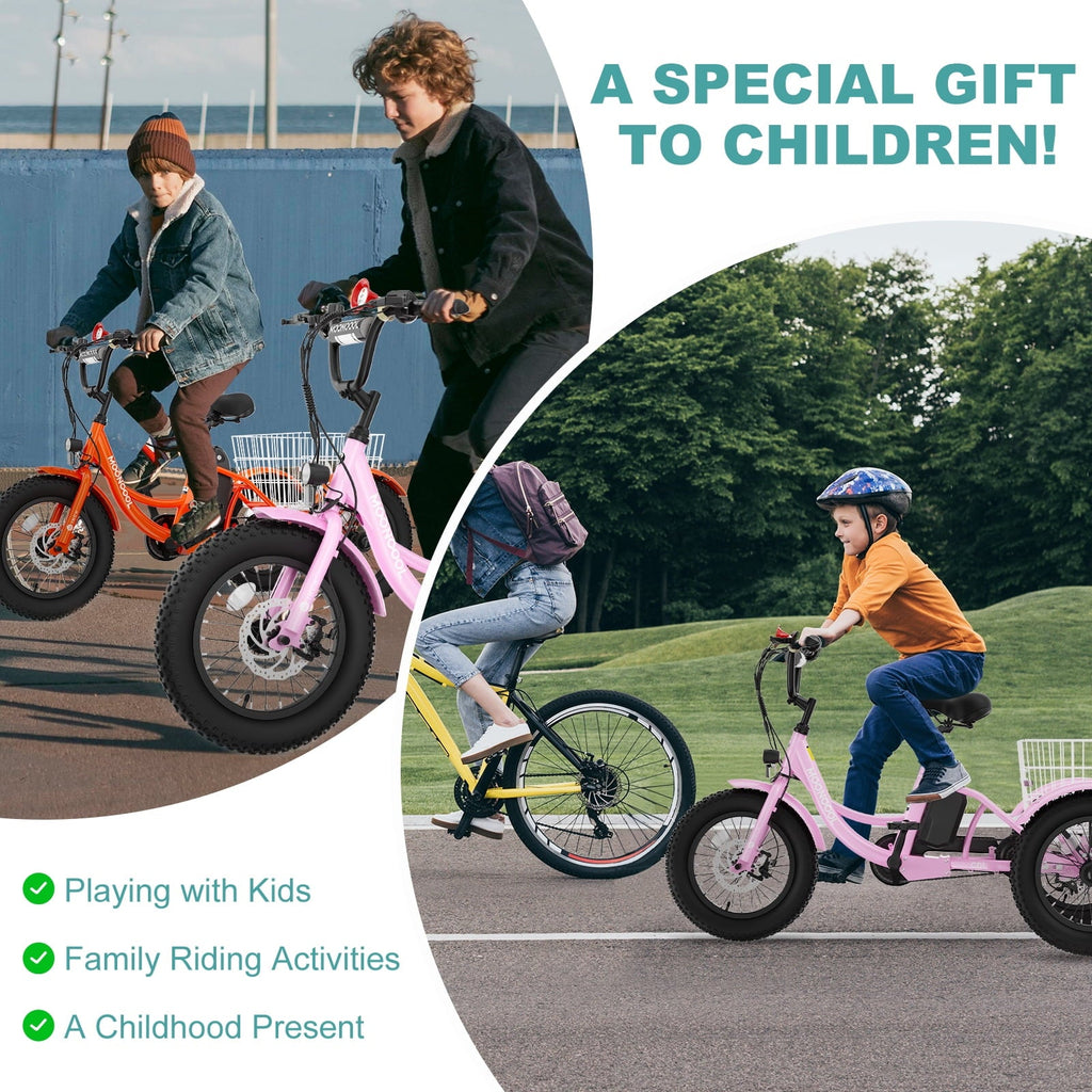 MOONCOOL Electric Tricycle for Kids ,16x3 3 Wheel 250W 10.4Ah Etrike W/ LED headlight & Rear Basket & horn bell & DIY stickers .6/9/12.5 MPH