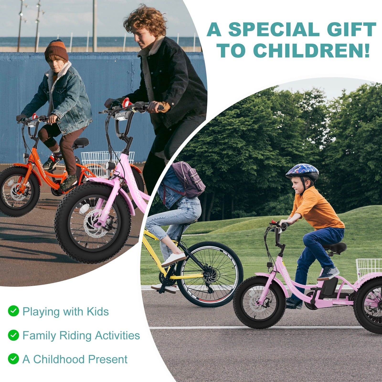 MOONCOOL Electric Tricycle for Kids ,16x3 3 Wheel 250W 10.4Ah Etrike W/ LED headlight & Rear Basket & horn bell & DIY stickers .6/9/12.5 MPH