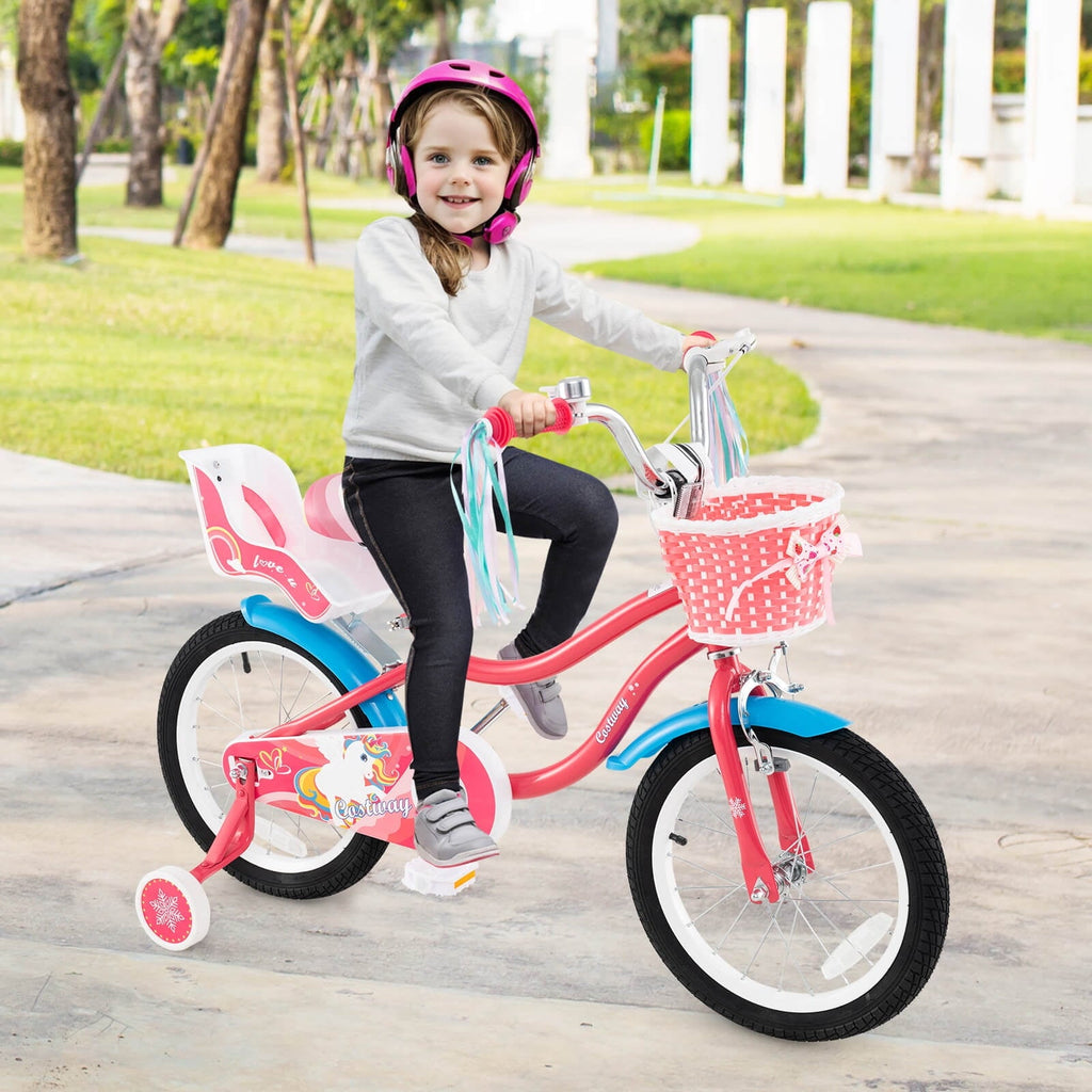 Costway 18 Inches Kids Bicycle with Training Wheels & Basket for Girls Age 4-8 Years Pink