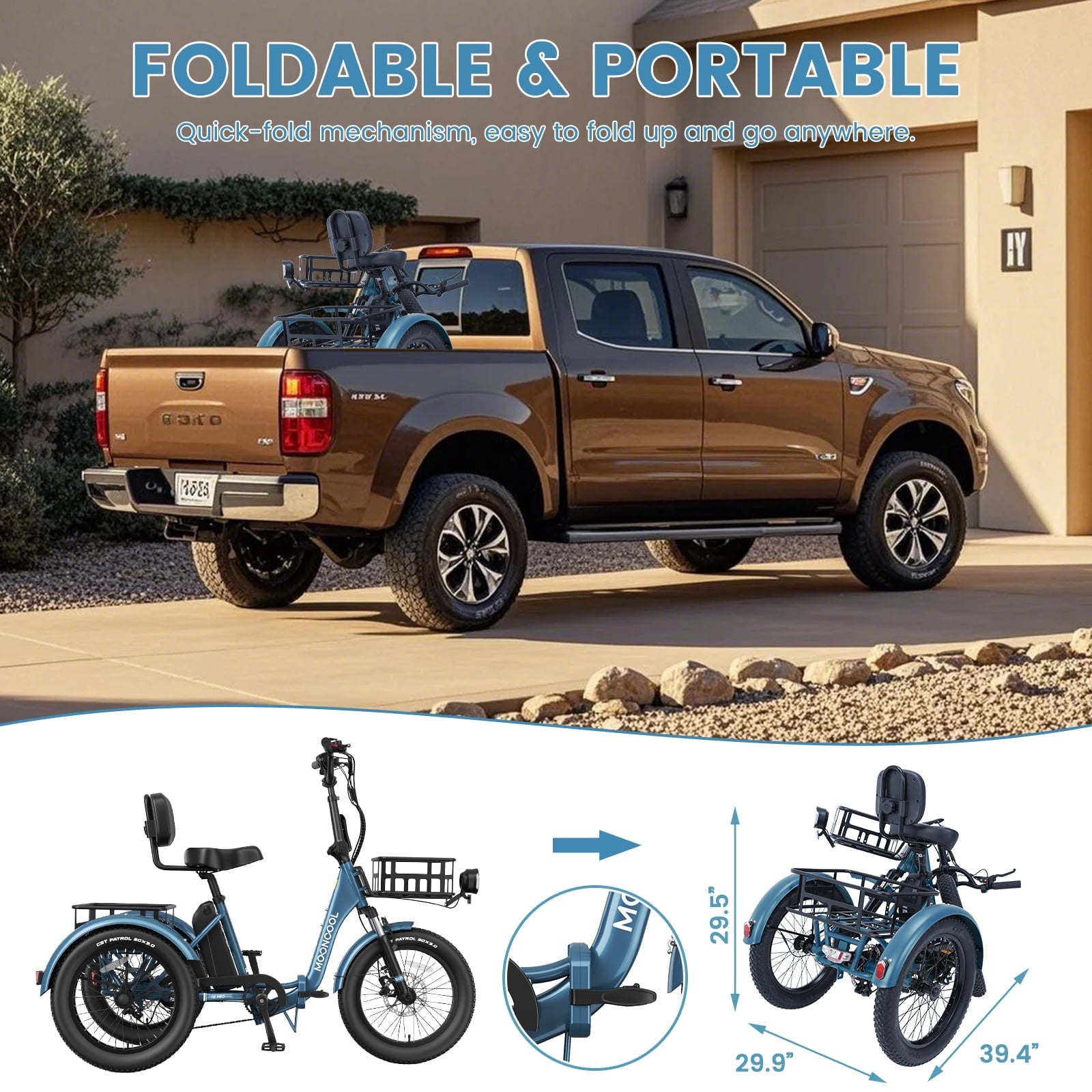 MOONCOOL TK Pro Foldable Electric Tricycle W/ Rearview mirror accessory Kit, 1500W Motor 48V 20Ah Battery, 20 Fat Tire Three Wheel 6-Speed Electric Mountain Bicycle for Adults