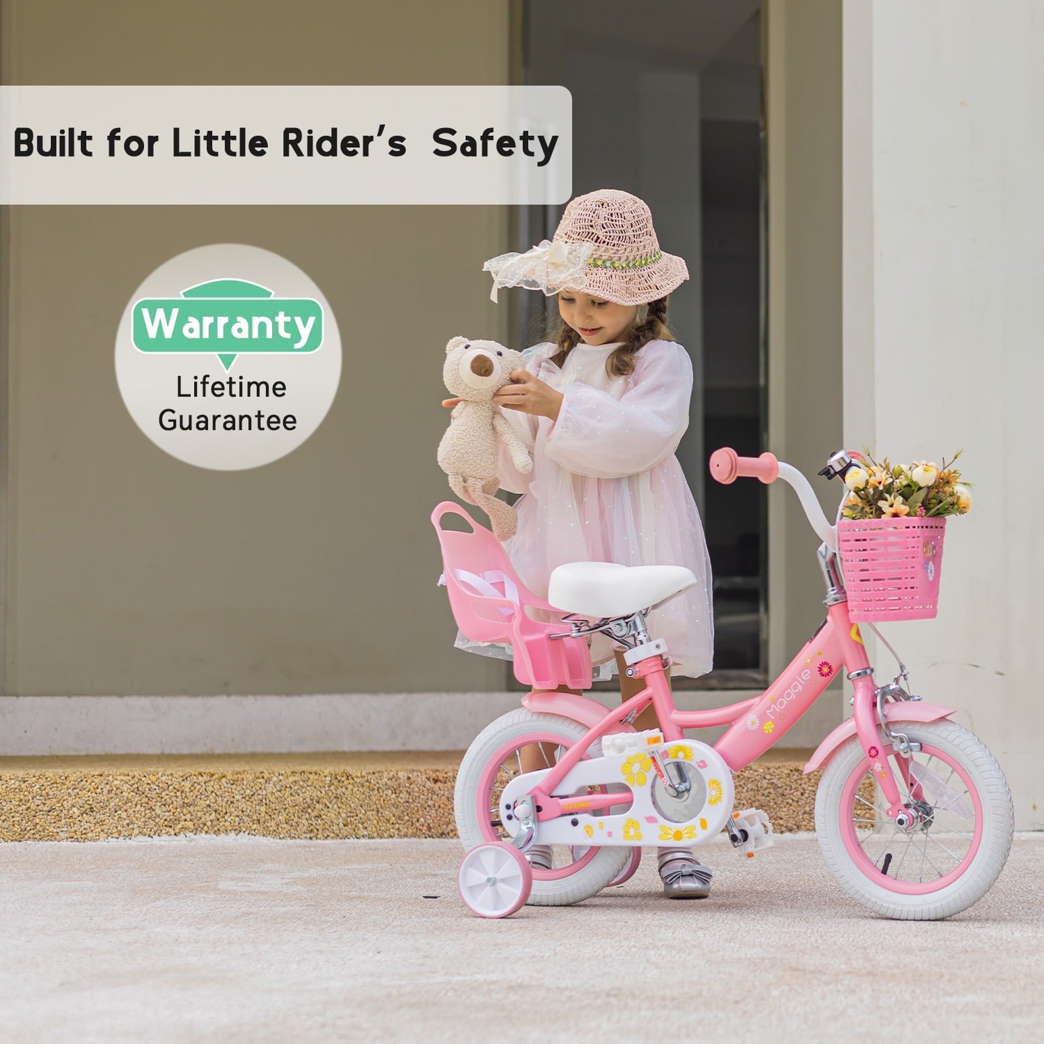 Glerc Maggie 14 inch Kids Girls Bike for Ages 3-5 Years Old Children, Princess Style Kids Bicycle with Doll-Seat & Basket & Training Wheels, Pink