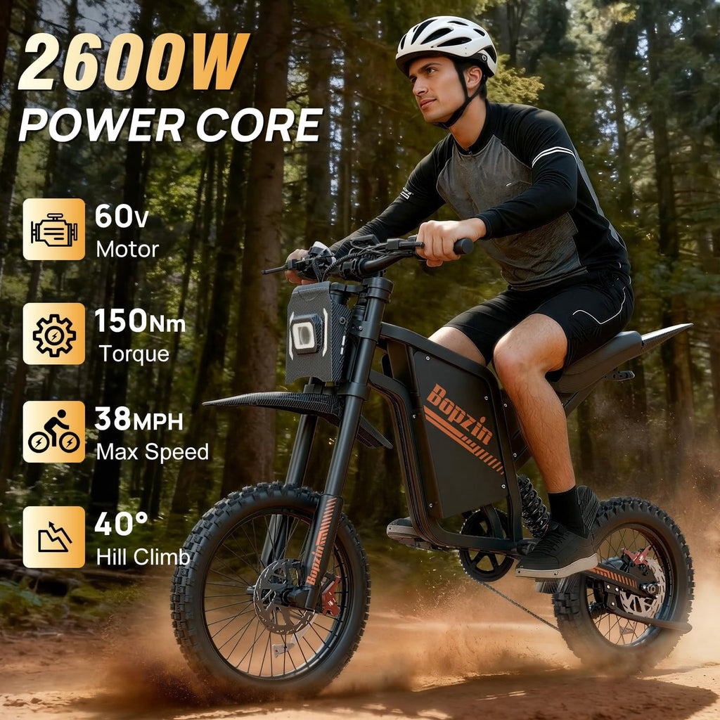 Bopzin Electric Dirt Bike for Adults, Smart App Anti-Theft, 60V 25Ah Up to 100 Miles, 3000W 20x3.0 Fat Tire Electric Bike UL2849