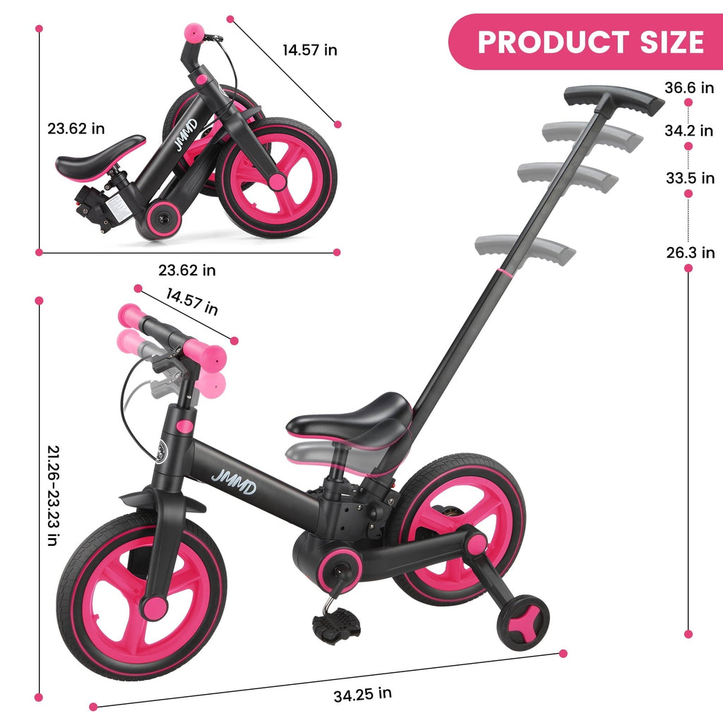 JMMD Toddler Bike with Push Handle for Kid 18-60 Months, 6 in 1 Foldable Tricycle with Training Wheel, Pedals, Kid Balance Bike for Boy & Girl, Black