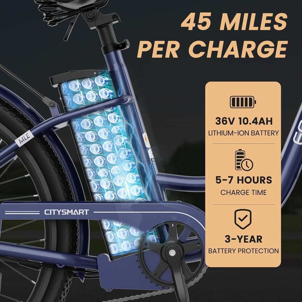 MOONCOOL Electric Bicycle for Adults 350W , 7-Speed Ebike with 36V 10.4Ah Removable Battery . 40 Miles Range , 20 mph Electric Commuter Bike for Women Men