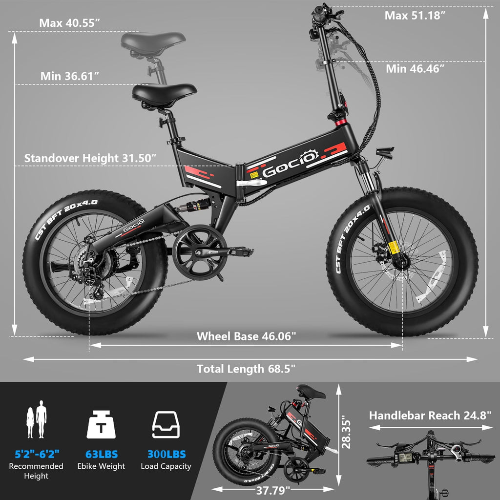 Gocio Foldable Electric Bikes Adult 20x4 Fat Tire Electric Bike, 48V 10.4Ah, 500W Electric Mountain Bike Full Suspension, LCD, Shimano 7 Speed Electric Cruiser Bicycle UL2849 Certified