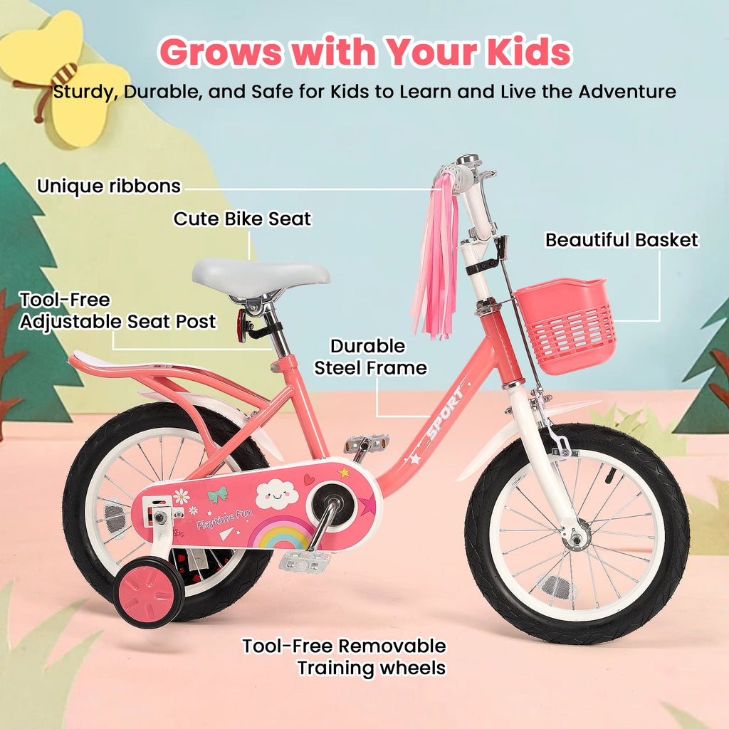 Naipo 12 Inch Kids Bike Boys Girls, Kid's Bikes with Training Wheels, Children Bicycle for Kids and Toddler Gift, Pink