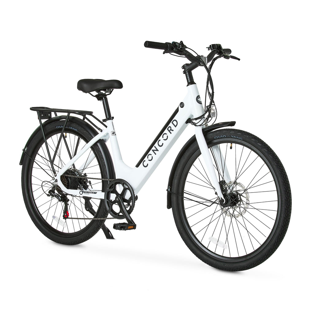 Concord 27.5 Step-Thru Electric Bike, 36V, Class 2, Aluminum, 49 Pounds, White, Unisex, Fits Riders 5'1 - 6'1