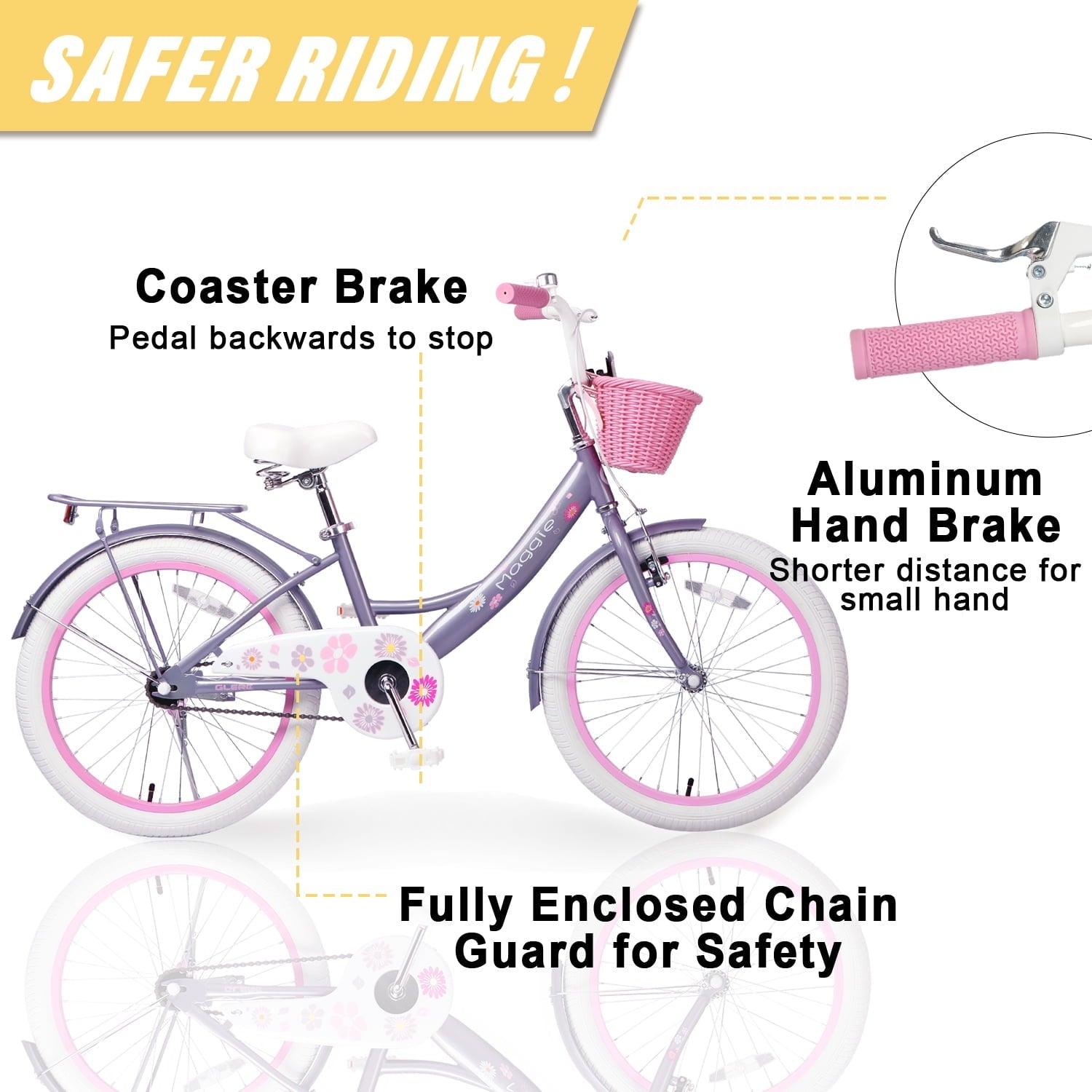 Glerc Maggie 14 inch Kids Girls Bike for Ages 3-5 Years Old Children, Princess Style Kids Bicycle with Doll-Seat & Basket & Training Wheels, Pink