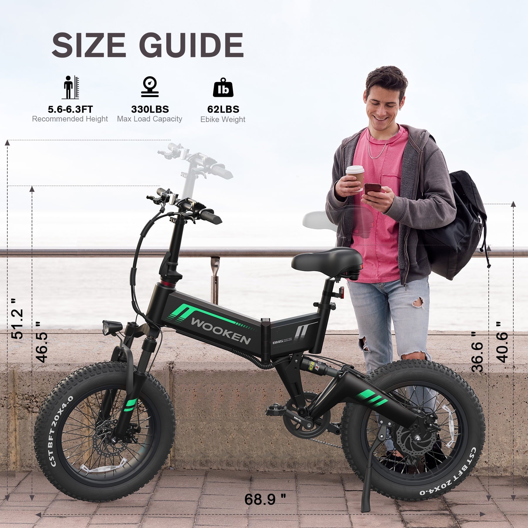 Wooken 20X4.0 Fat Tire Electric Bike for Adults, 500W Foldable Electric Bicycle with 48V 10Ah Built-in Battery, Shimano 7 Speed, Dual Shock Absorber