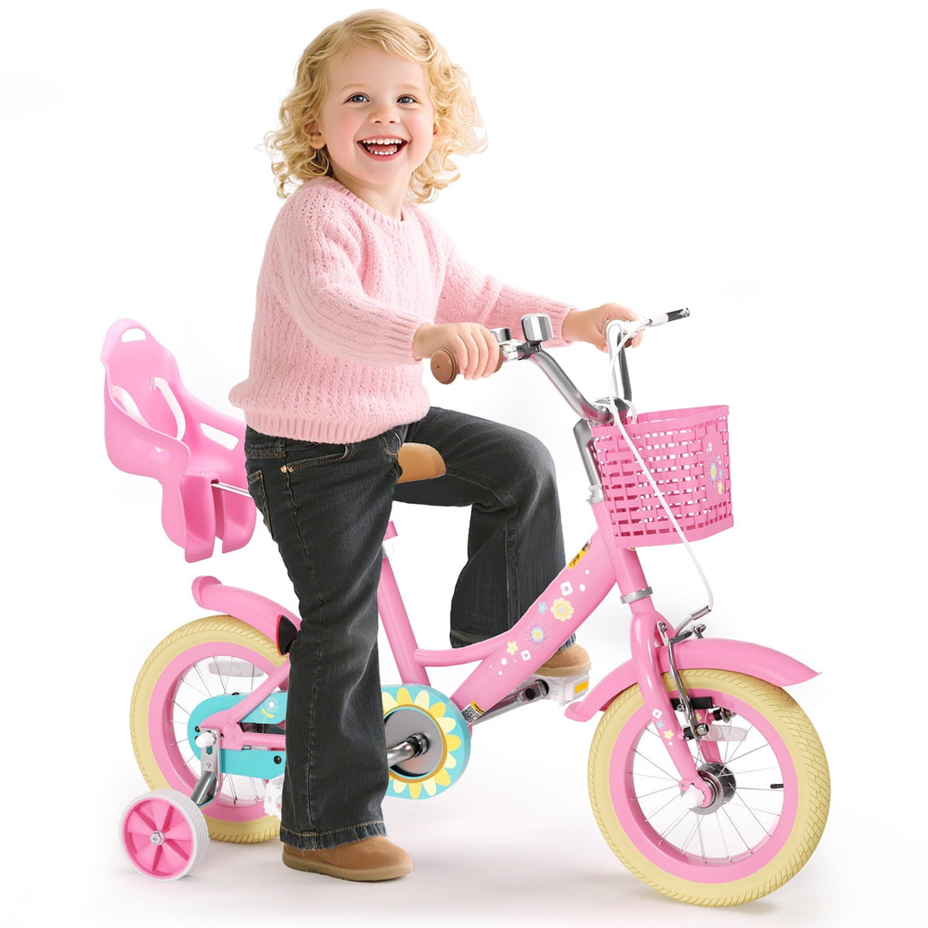 Korimefa Girls Bike for 3-9 Years Old Kids, 12 14 16 inch Kids Bike with Training Wheels, Basket and Doll Seat, Children Bicycles with Handbrake, Pink