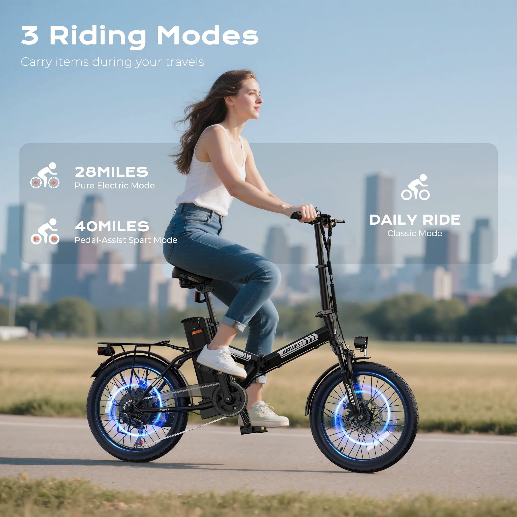 AIRWEST Electric Bike, 20 Folding Ebike for Adults, Peak 750W 20MPH Commuter E Bike with 48V 7.8AH Battery&7 Speed Gear & Dual Disc Brake & Front Suspension, 40 Miles Range (UL2849)