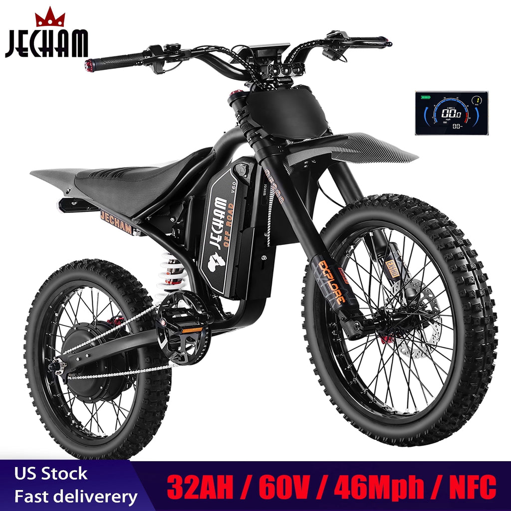 JECHAM QF200 PRO Electric Dirt Bike, 3000W, 60V 32Ah, 60-90 Miles Range, 47+ MPH, 19 Puncture-Resistant Tires, Full Suspension, Hydraulic Brakes, NFC Anti-Theft, UL2849