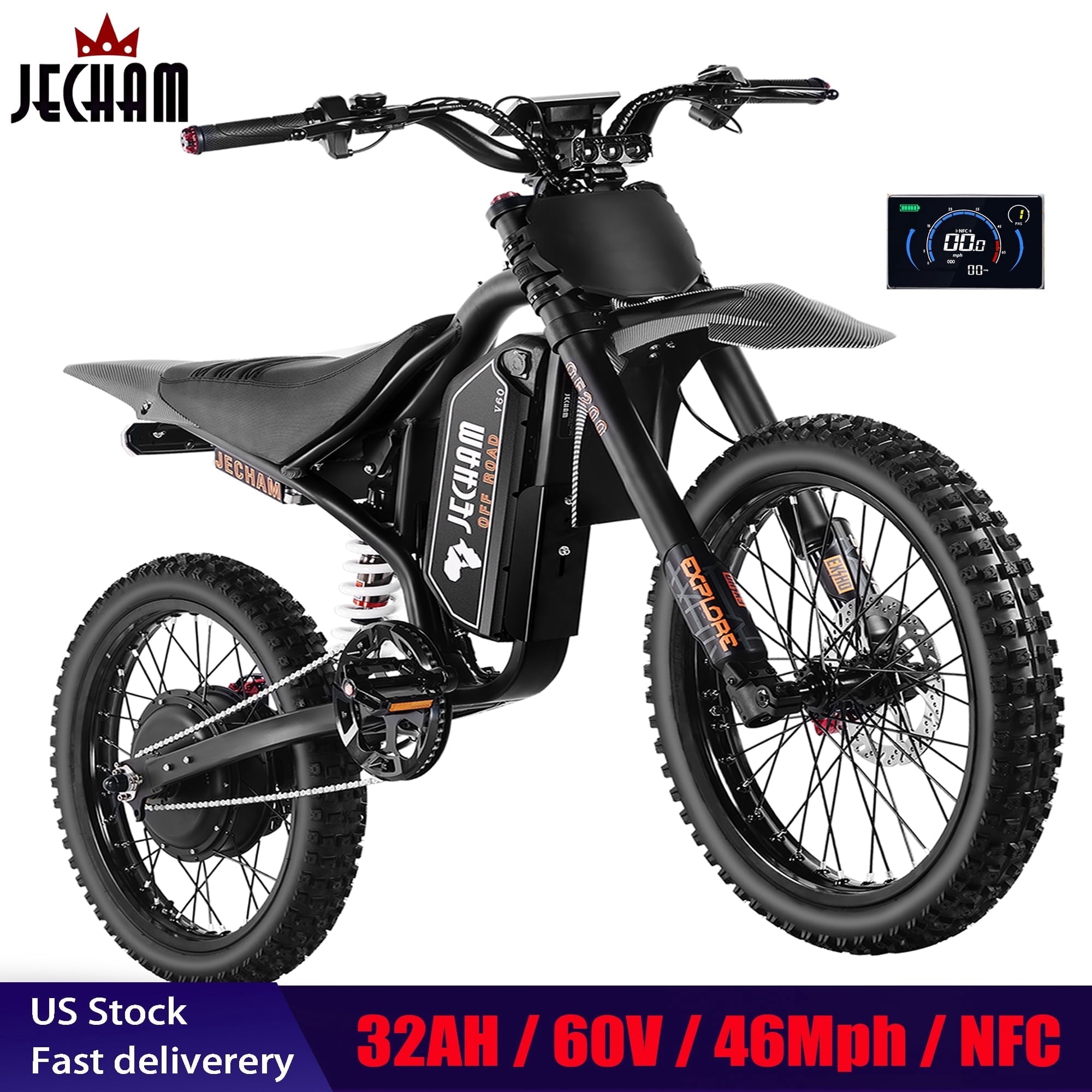 JECHAM QF200 PRO Electric Dirt Bike, 3000W, 60V 32Ah, 60-90 Miles Range, 47+ MPH, 19 Puncture-Resistant Tires, Full Suspension, Hydraulic Brakes, NFC Anti-Theft, UL2849