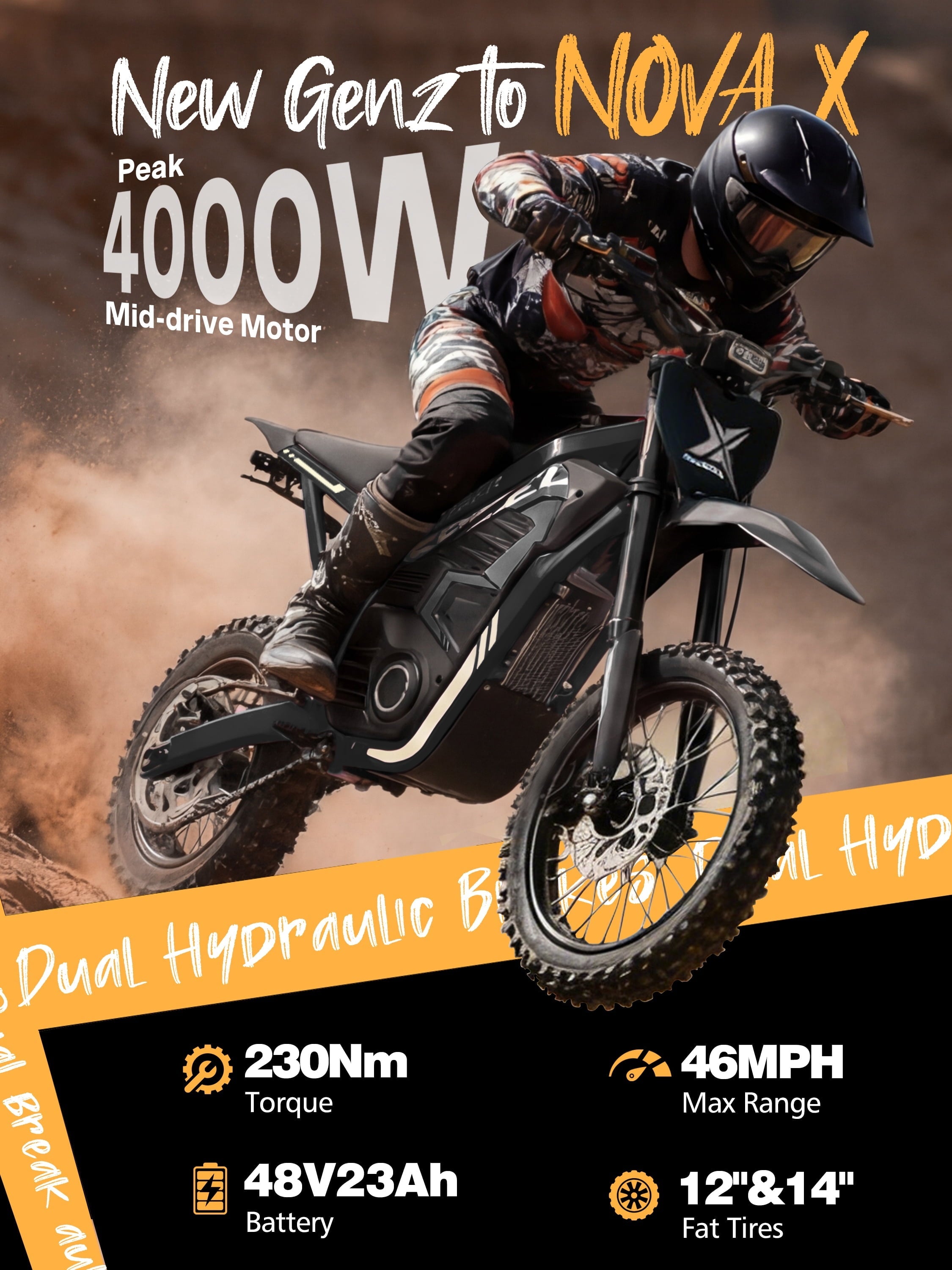 ESKUTE NovaX Electric Dirt Bike for Teens & Adults, 4000W Peak Mid-Drive Motor, 35-46 MPH Off-Road E-Bike, 48V 22.8Ah Battery, 14/12 Wheels, Hydraulic Dual Shock Suspension Orange