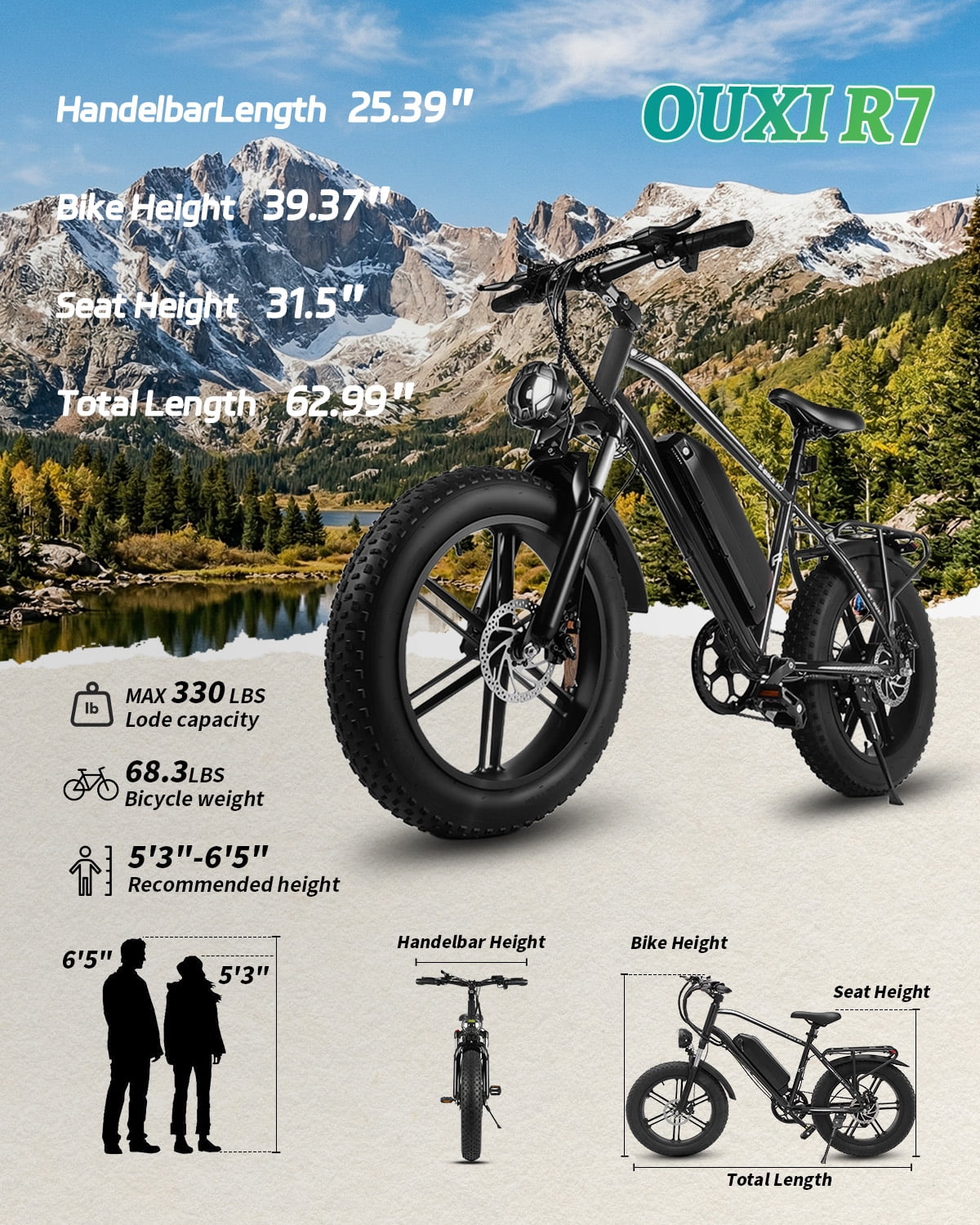 VTOKW Electric Bike, Peak 1000W Electric Bicycles for Adults, 20X4.0 Fat Tire Ebike, 48V/13AH Battery, 25MPH E-Mountain Bike for Cycling & Off-Road, 7-Speed Front Suspension Ebike for Adults UL2849