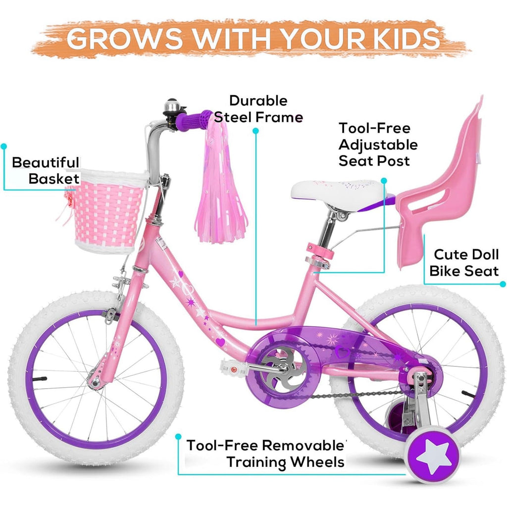 Hykolity 14 inch Girls Bike Princess Bicycle for Age 3-5 Years Old Rider Height 35-47 inch includes Training Wheel Basket Doll Seat Aqua Blue